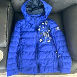 Bogner Kids Blue Hooded Puffer Jacket with Floral Embroidery